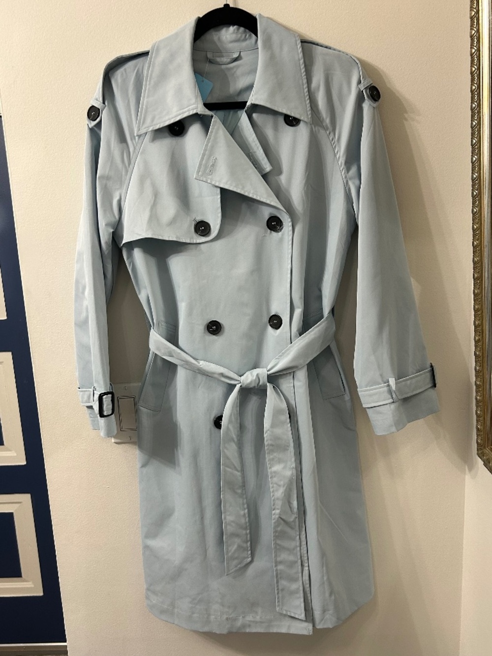 Light Blue Double Breasted Belted Trench Coat Classic Chic Lightweight SZ S